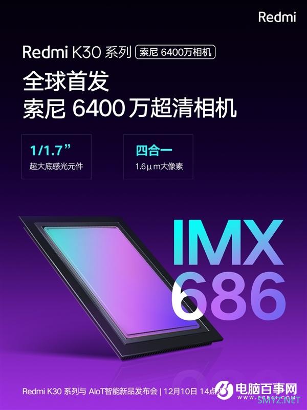 Redmi K30首发索尼IMX686：1.6μm大像素/支持硬件级直出6400万