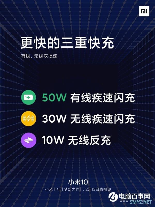 小米10三重快充公布：有线达50W