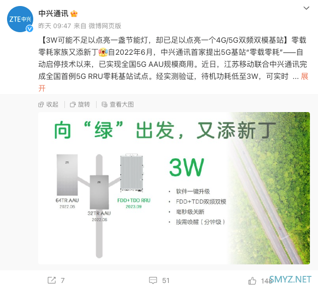 中兴通讯完成全国首例 5G RRU 零耗基站试点，待机功耗低至 3W