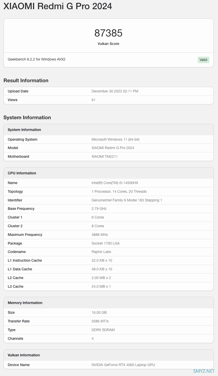 Redmi G Pro 2024 游戏本跑分出炉：i5-14500HX + RTX 4060 组合，16GB DDR5 内存